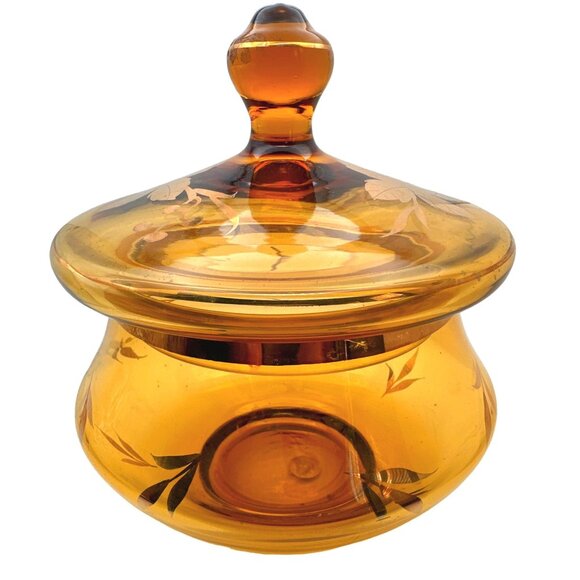 Romania Other - Vintage Roumania Amber Color Glass Jar Candy Dish Gold Trim Leaf Design European